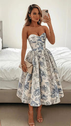 Elegant Wedding Guest Outfit Ball Gown Blue Floral Formal Night Dresses Summer Tea Length Wedding Guest Dresses
