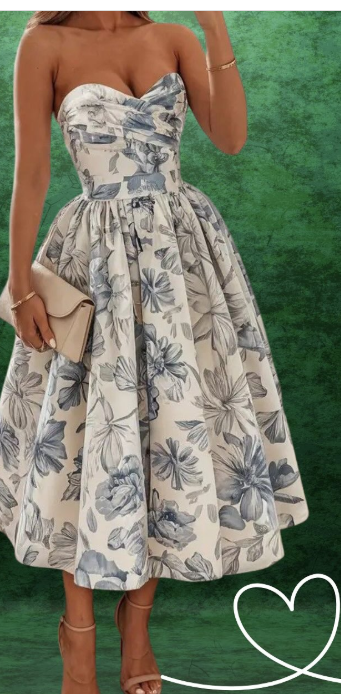 Elegant Wedding Guest Outfit Ball Gown Blue Floral Formal Night Dresses Summer Tea Length Wedding Guest Dresses
