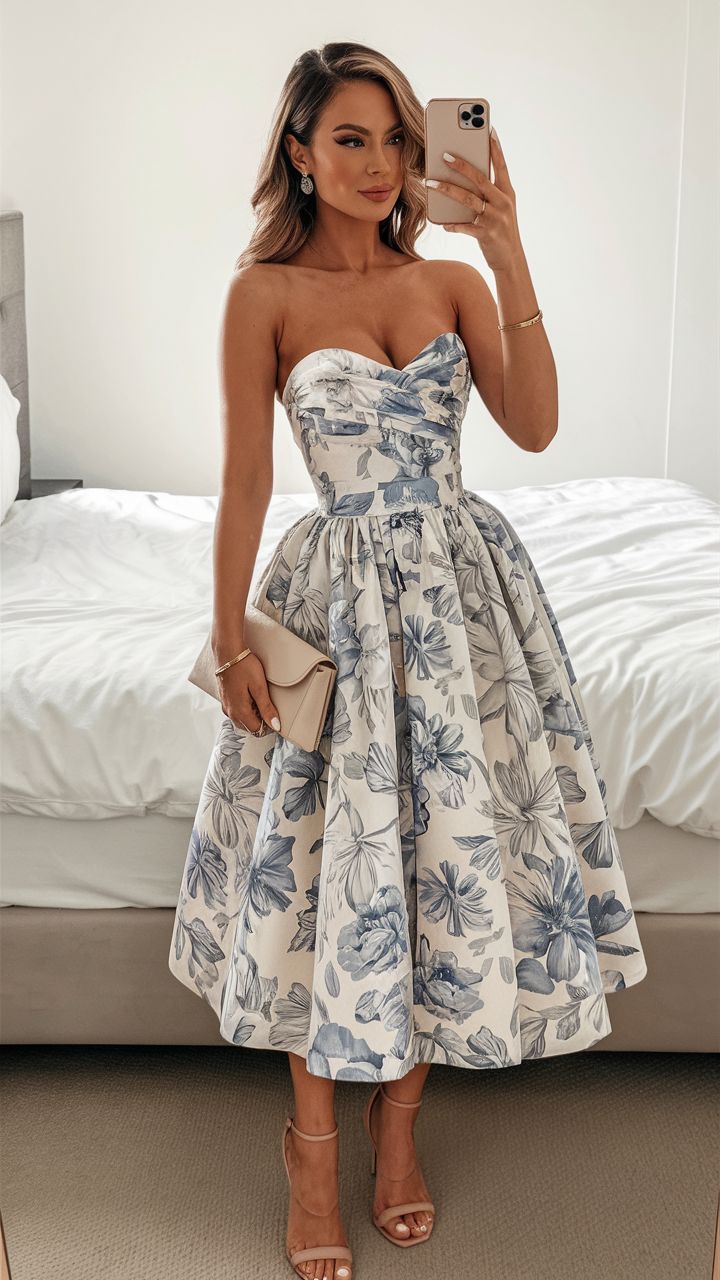 Elegant Wedding Guest Outfit Ball Gown Blue Floral Formal Night Dresses Summer Tea Length Wedding Guest Dresses