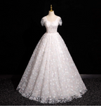 Elegant White 3D Floral Tulle Long Ball Gown Prom Dresses Sweet 16 Dresses
