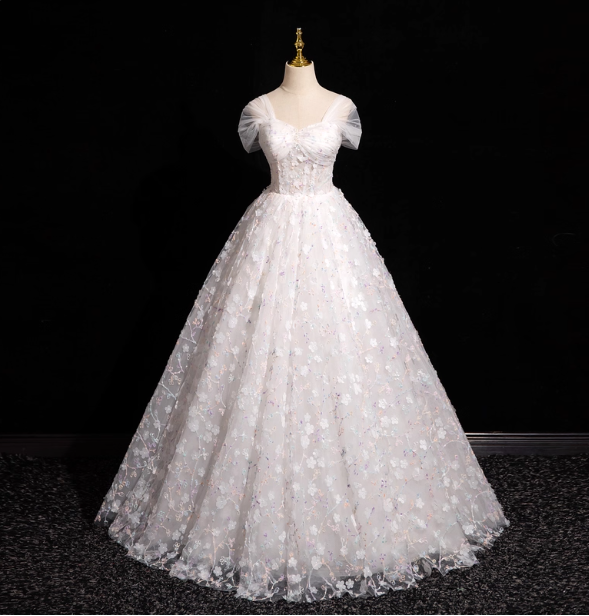Elegant White 3D Floral Tulle Long Ball Gown Prom Dresses Sweet 16 Dresses