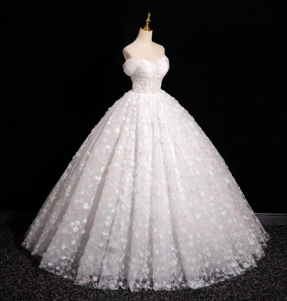 Elegant White 3D Floral Tulle Long Ball Gown Prom Dresses Sweet 16 Dresses