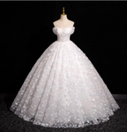Elegant White 3D Floral Tulle Long Ball Gown Prom Dresses Sweet 16 Dresses