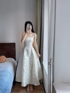 Elegant White A-Line Square Neck Halter Top With Butterfly Jacquard Satin Long Formal Prom Dresses