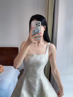 Elegant White A-Line Square Neck Halter Top With Butterfly Jacquard Satin Long Formal Prom Dresses