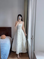 Elegant White A-Line Square Neck Halter Top With Butterfly Jacquard Satin Long Formal Prom Dresses