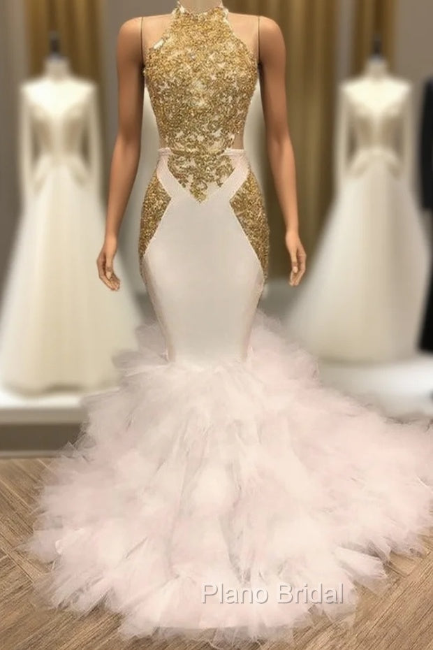 Elegant White And Gold Mermaid Formal Prom Dresses Sequins High Collar Chiffon Long Main image