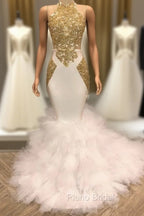 Elegant White And Gold Mermaid Formal Prom Dresses Sequins High Collar Chiffon Long