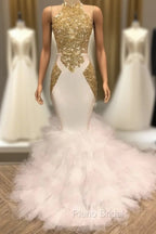 Elegant White And Gold Mermaid Formal Prom Dresses Sequins High Collar Chiffon Long