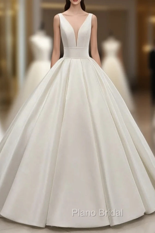 Elegant White Ball Gown Satin V-neck Backless Wedding Dresses Main image