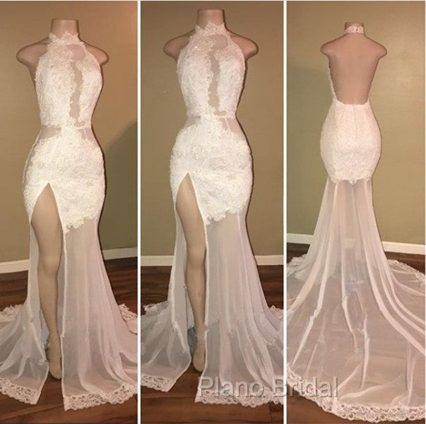 Elegant White Lace Halter Formal Prom Party GownsMermaid Backless Party Dresses With Slit Secondary image