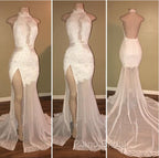 Elegant White Lace Halter Formal Prom Party GownsMermaid Backless Party Dresses With Slit