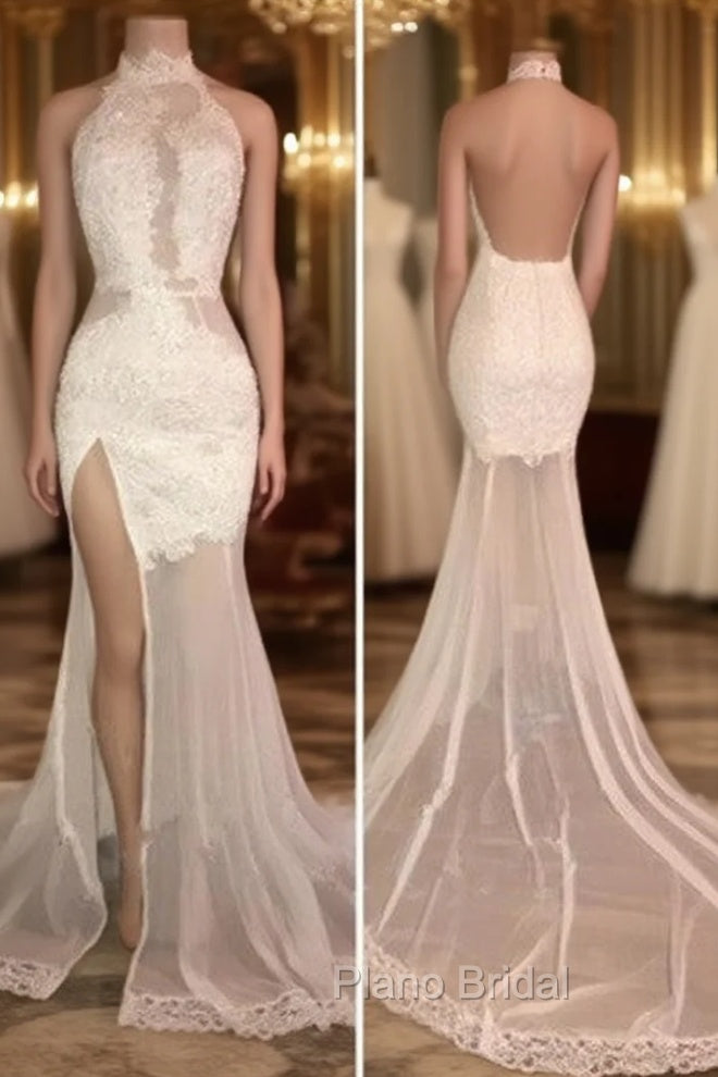 Elegant White Lace Halter Formal Prom Party GownsMermaid Backless Party Dresses With Slit Main image