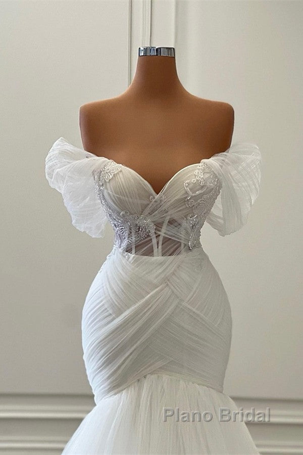 Elegant White Long Mermaid Off the Shoulder Tulle Lace Wedding Dresses Secondary image