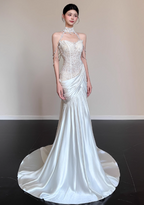 Elegant White Mermaid Halter Neck Lace Satin Train Wedding Dresses