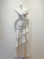 Elegant White Mermaid Ruffle Satin Formal Prom Dresses Bridesmaid Dresses