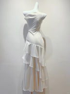 Elegant White Mermaid Ruffle Satin Formal Prom Dresses Bridesmaid Dresses