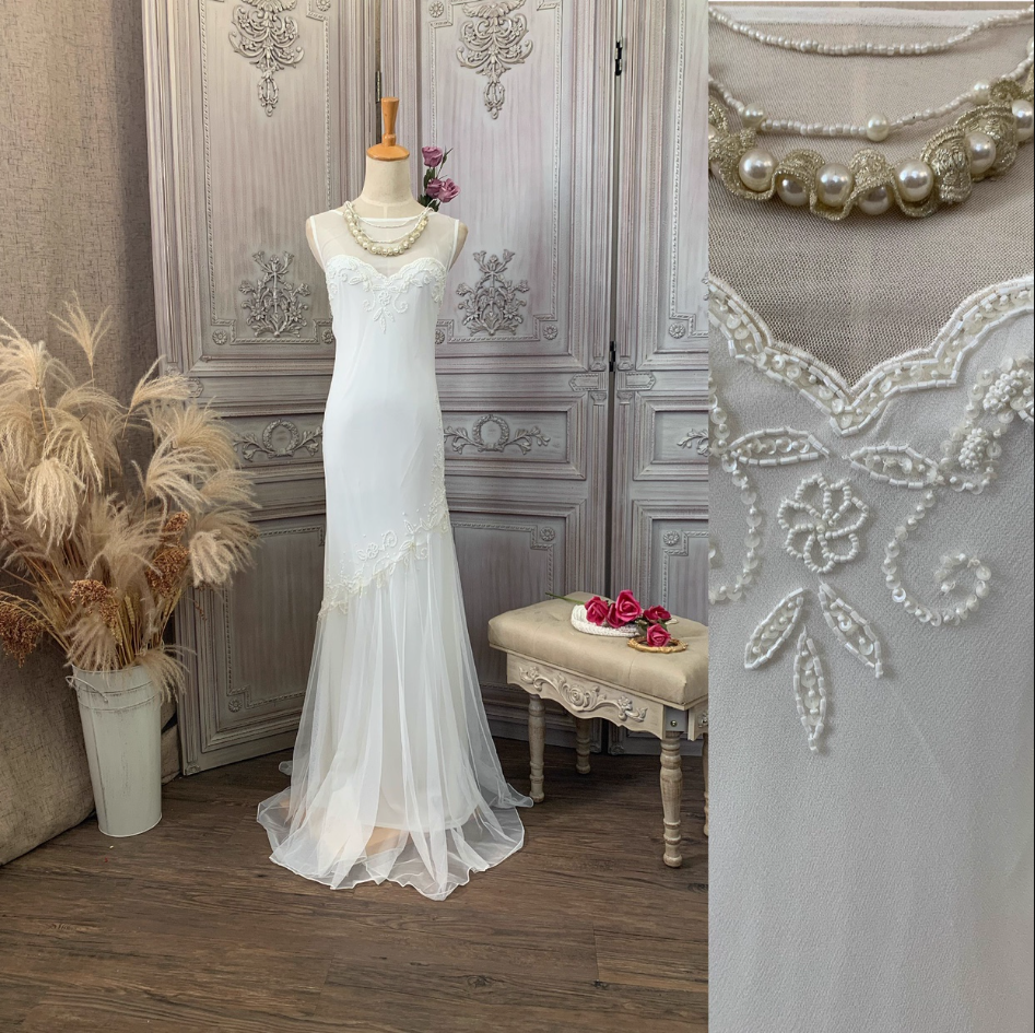 Elegant White Mermaid Sleeveless Beaded Chiffon Long Formal Prom Dresses