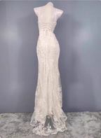 Elegant White Mermaid Spaghetti Strap Lace Slit Long Formal Prom Dresses