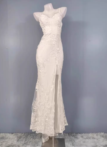Elegant White Mermaid Spaghetti Strap Lace Slit Long Formal Prom Dresses