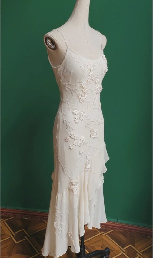 Elegant White Mermaid Spaghetti Strap U-Neck 3D Foral Embroidery Chiffon Formal Prom Dresses