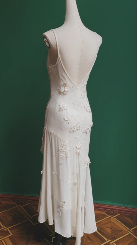 Elegant White Mermaid Spaghetti Strap U-Neck 3D Foral Embroidery Chiffon Formal Prom Dresses