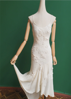 Elegant White Mermaid Spaghetti Strap U-Neck 3D Foral Embroidery Chiffon Formal Prom Dresses