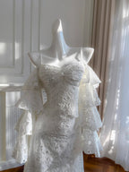 Elegant White Mermaid Strapless Off-The-Shoulder Lace Long Formal Prom Dresses