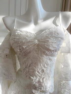 Elegant White Mermaid Strapless Off-The-Shoulder Lace Long Formal Prom Dresses