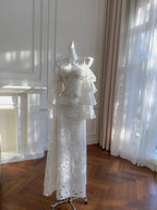 Elegant White Mermaid Strapless Off-The-Shoulder Lace Long Formal Prom Dresses