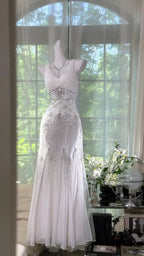 Elegant White Mermaid Strapless V-Neck Beaded Chiffon Long Formal Prom Dresses