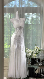 Elegant White Mermaid Strapless V-Neck Beaded Chiffon Long Formal Prom Dresses