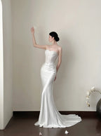 Elegant White Mermaid Sweetheart Neckline Lace Satin Long Wedding Dresses