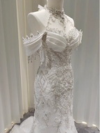 Elegant White Mermaid Train Halter Off-The-Shoulder Beaded Lace Tulle Formal Prom Dresses