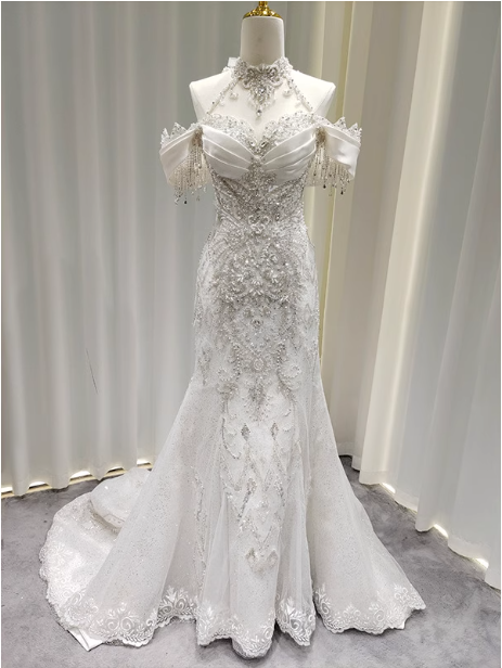 Elegant White Mermaid Train Halter Off-The-Shoulder Beaded Lace Tulle Formal Prom Dresses