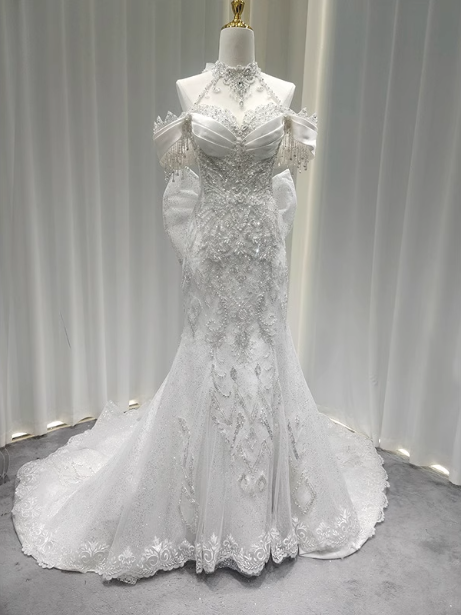 Elegant White Mermaid Train Halter Off-The-Shoulder Beaded Lace Tulle Formal Prom Dresses Main image