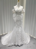 Elegant White Mermaid Train Halter Off-The-Shoulder Beaded Lace Tulle Formal Prom Dresses