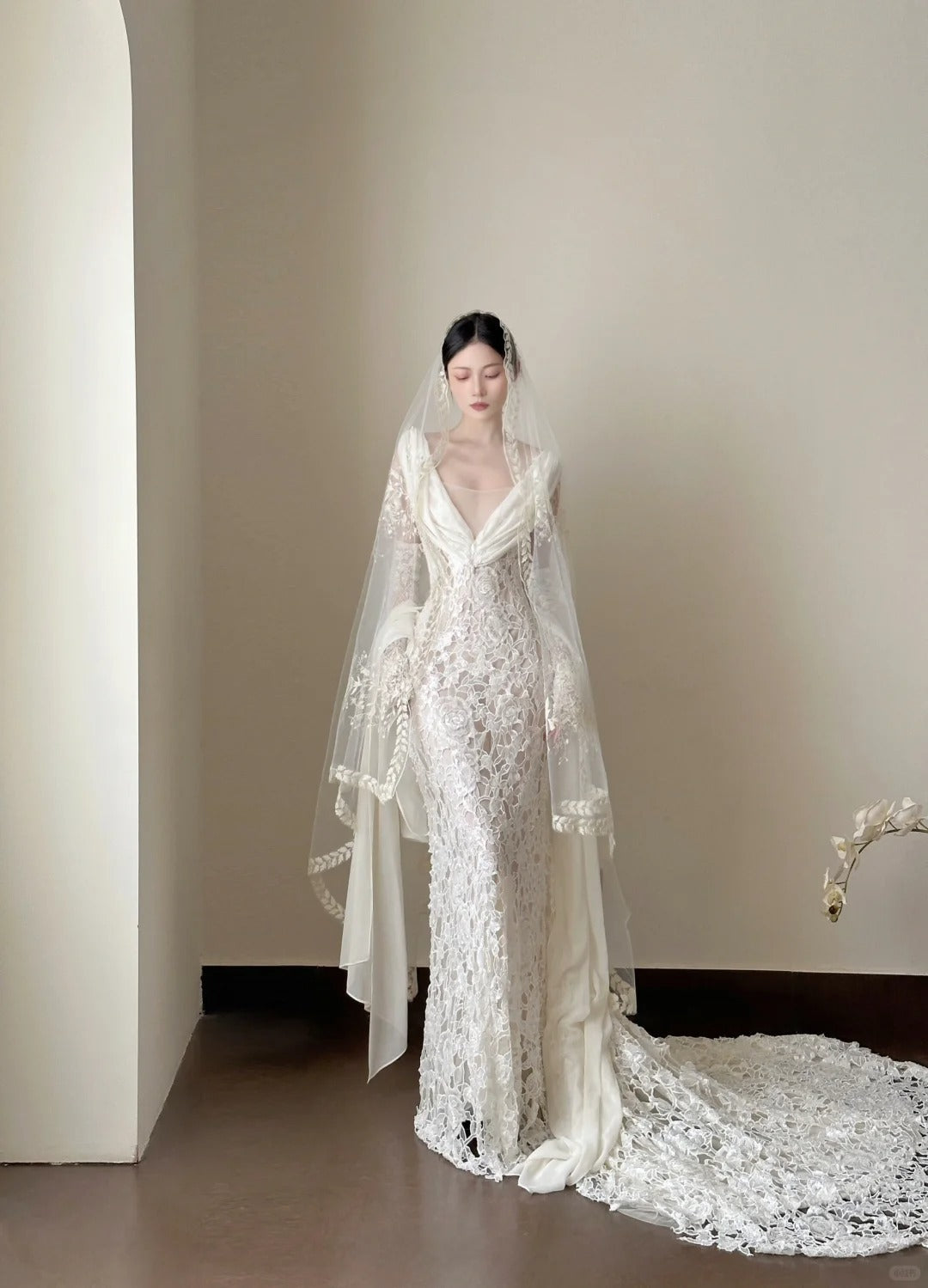 Elegant White Mermaid Train V-Neck Lace Wedding Dresses Main image