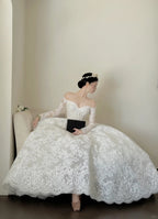Elegant White Off-Shoulder Lace Mesh Ball Gown Wedding Dresses