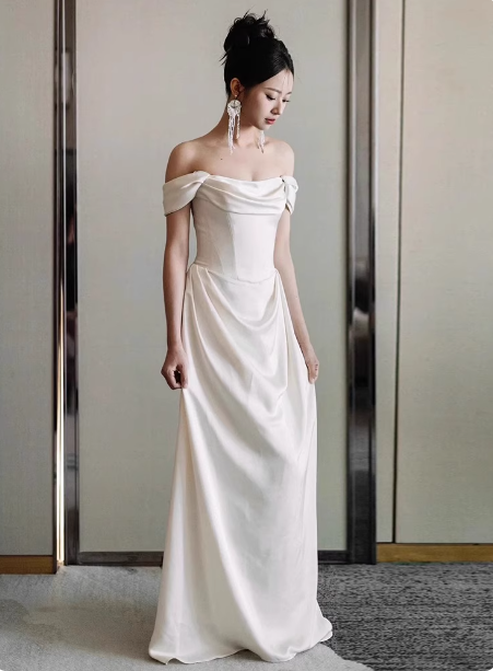 Elegant White Off-The-Shoulder Satin Long Formal Prom Dresses Wedding Dresses