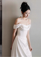 Elegant White Off-The-Shoulder Satin Long Formal Prom Dresses Wedding Dresses
