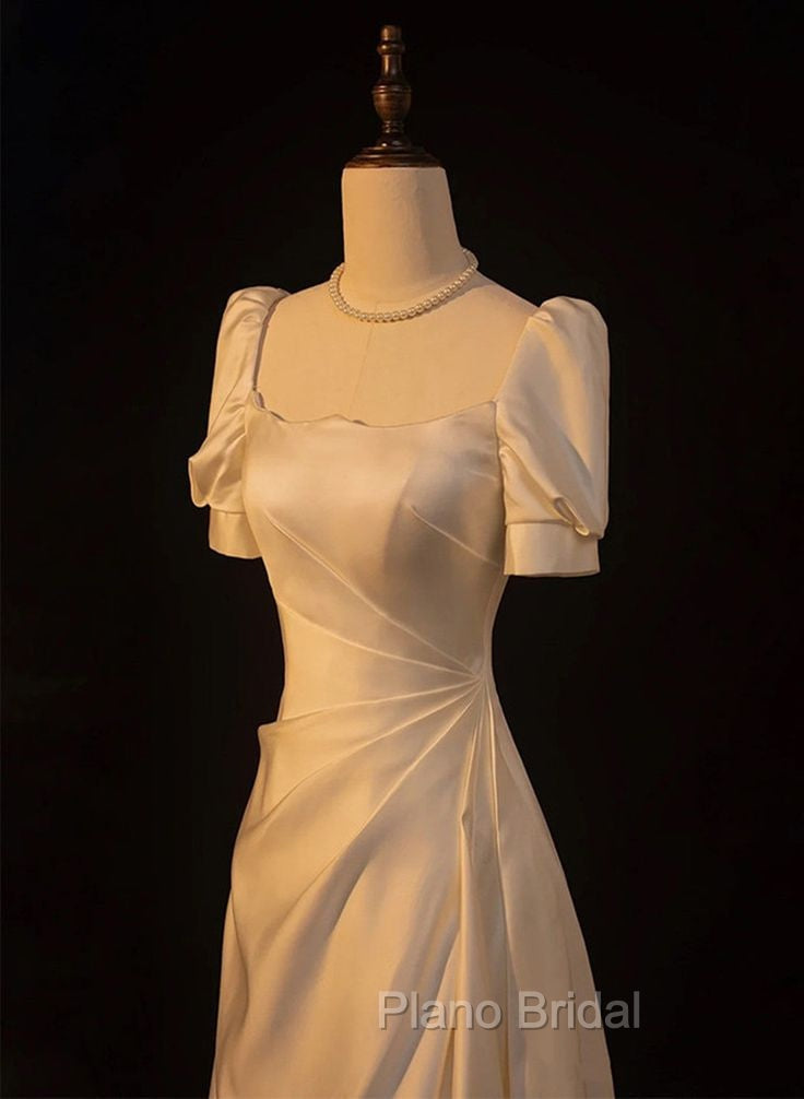 Elegant White Satin A-line Wedding Party Dresses Long Formal Prom Dresses Evening Gown