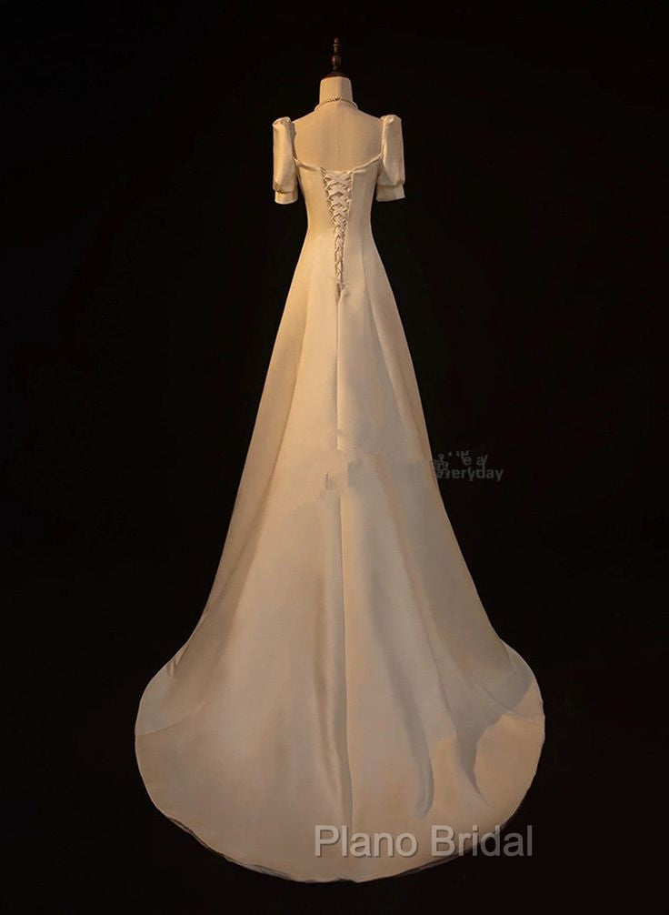 Elegant White Satin A-line Wedding Party Dresses Long Formal Prom Dresses Evening Gown