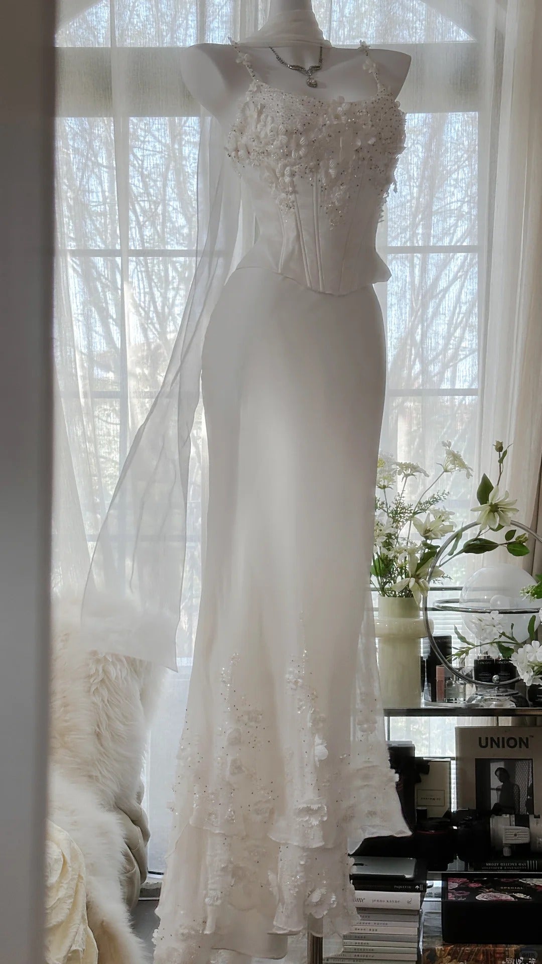 Elegant White Strap Herringbone Beaded Chiffon Prom Gown Formal Prom Dresses