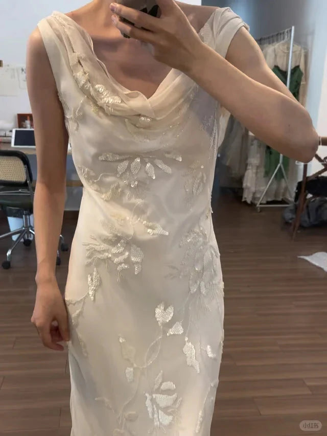 Elegant White Swing Neck Sequin Chiffon Long Formal Prom Dresses
