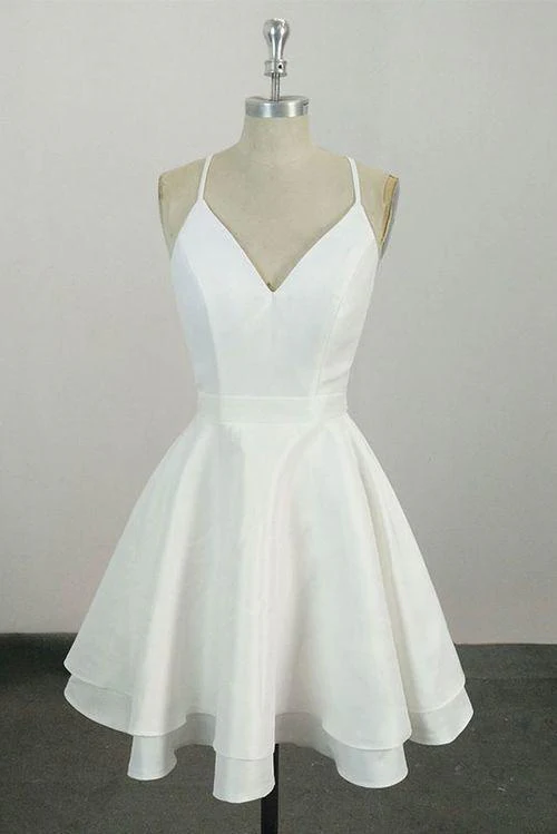 Elegant White V Neck Knee Length Short Formal Prom Dresses Homecoming Dresses