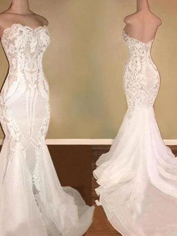 Elegant White V-Neck Mermaid Lace Wedding Dresses Secondary image