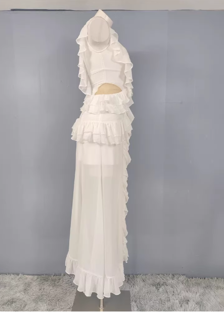 Elegant White V-Neck Ruffled Chiffon Long Formal Prom Dresses
