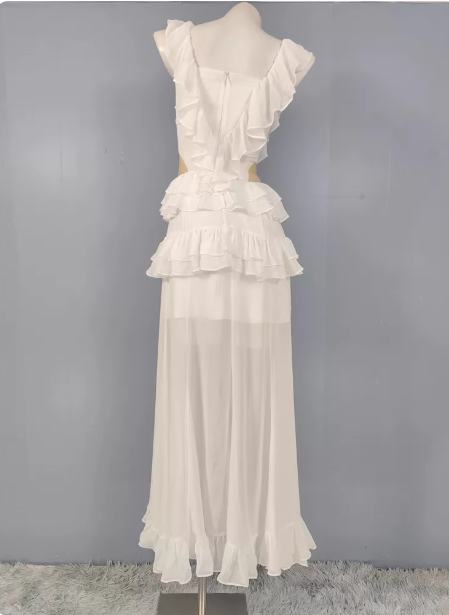 Elegant White V-Neck Ruffled Chiffon Long Formal Prom Dresses