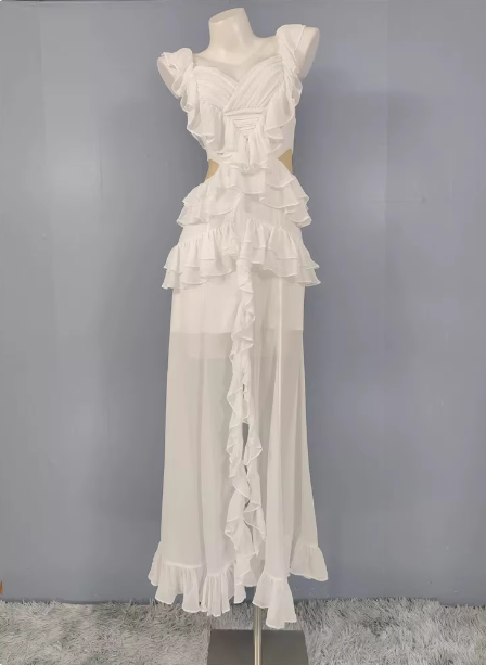 Elegant White V-Neck Ruffled Chiffon Long Formal Prom Dresses